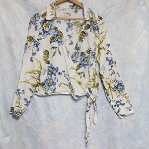 Joie 100% Linen Floral Wrap Blouse Size XL